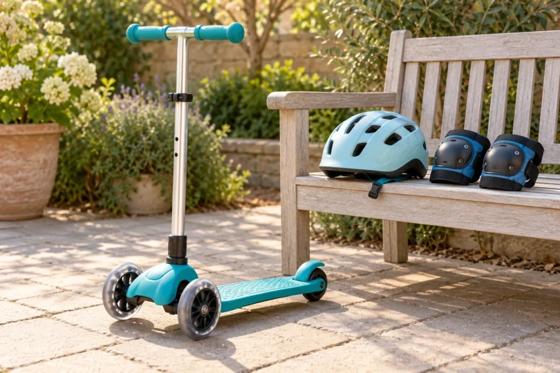 Unbranded three-wheel children’s kick scooter beside a bicycle helmet and knee pads on a wooden garden bench