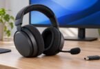 Unbranded dark over-ear gaming headset and USB adapter on a desk