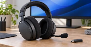 Unbranded dark over-ear gaming headset and USB adapter on a desk