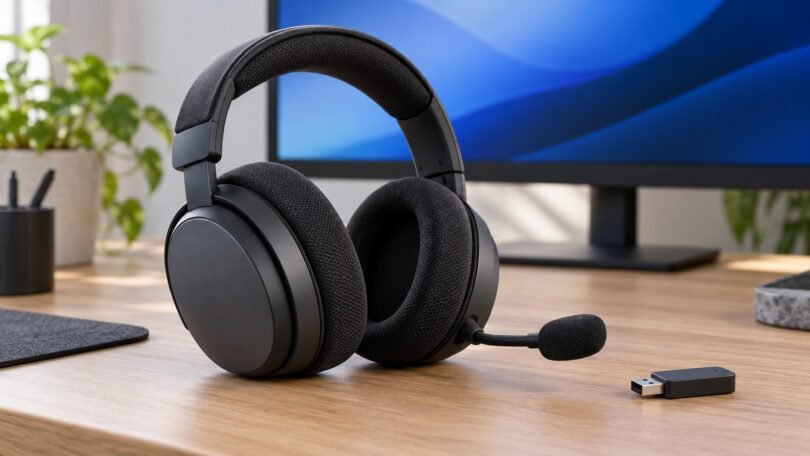 Unbranded dark over-ear gaming headset and USB adapter on a desk