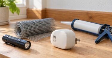 Generic unbranded plug-in device beside metal mesh, a flashlight and a caulking gun on a wooden work surface