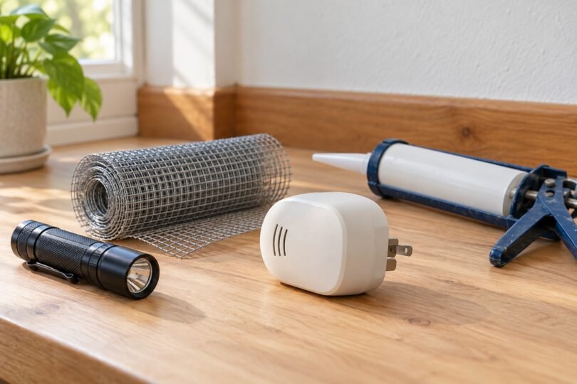 Generic unbranded plug-in device beside metal mesh, a flashlight and a caulking gun on a wooden work surface