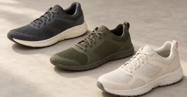 Charcoal, olive and off-white athletic shoes arranged on a light neutral surface