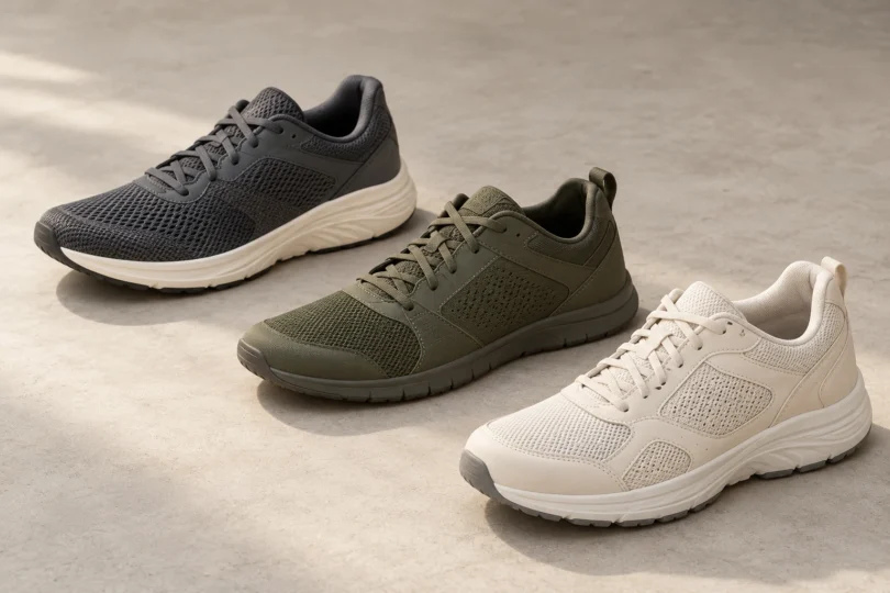 Charcoal, olive and off-white athletic shoes arranged on a light neutral surface