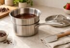 An unbranded stainless-steel double boiler holding melted chocolate on a countertop, with a separate lid and silicone spatula