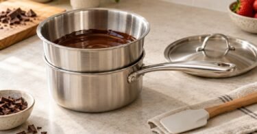 An unbranded stainless-steel double boiler holding melted chocolate on a countertop, with a separate lid and silicone spatula