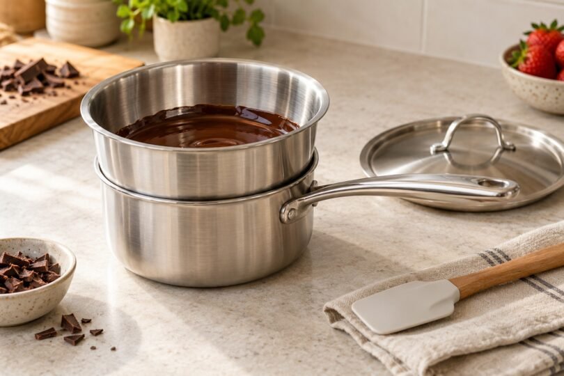 An unbranded stainless-steel double boiler holding melted chocolate on a countertop, with a separate lid and silicone spatula