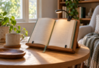 Open book on a wooden stand with a small clip-on light and green ribbon bookmark beside an armchair