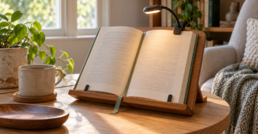 Open book on a wooden stand with a small clip-on light and green ribbon bookmark beside an armchair
