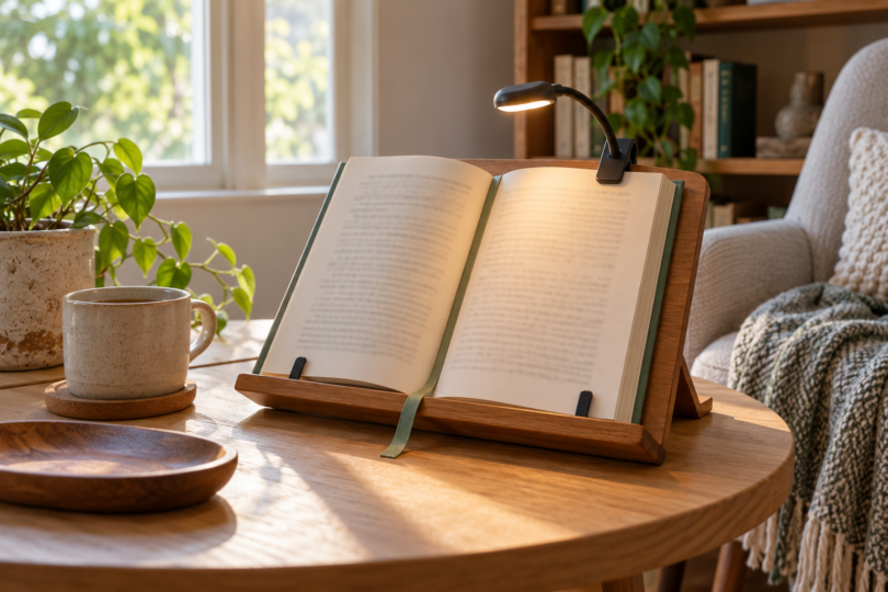 Open book on a wooden stand with a small clip-on light and green ribbon bookmark beside an armchair