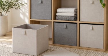 Unbranded gray and oatmeal fabric storage bins in a wooden shelving unit, with an empty bin and a flat support panel on the floor