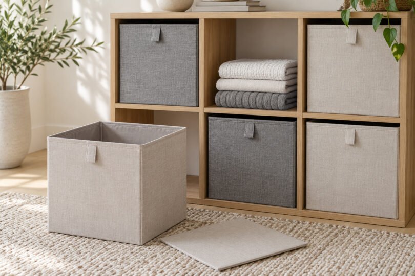 Unbranded gray and oatmeal fabric storage bins in a wooden shelving unit, with an empty bin and a flat support panel on the floor