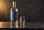 Illustration of an unbranded clear spirits bottle with a blank blue-grey label beside an empty glass on a dark counter