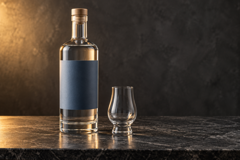 Illustration of an unbranded clear spirits bottle with a blank blue-grey label beside an empty glass on a dark counter