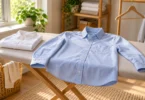 A pale blue button-up shirt spread on a padded ironing board beside a folded white shirt