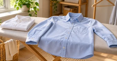 A pale blue button-up shirt spread on a padded ironing board beside a folded white shirt