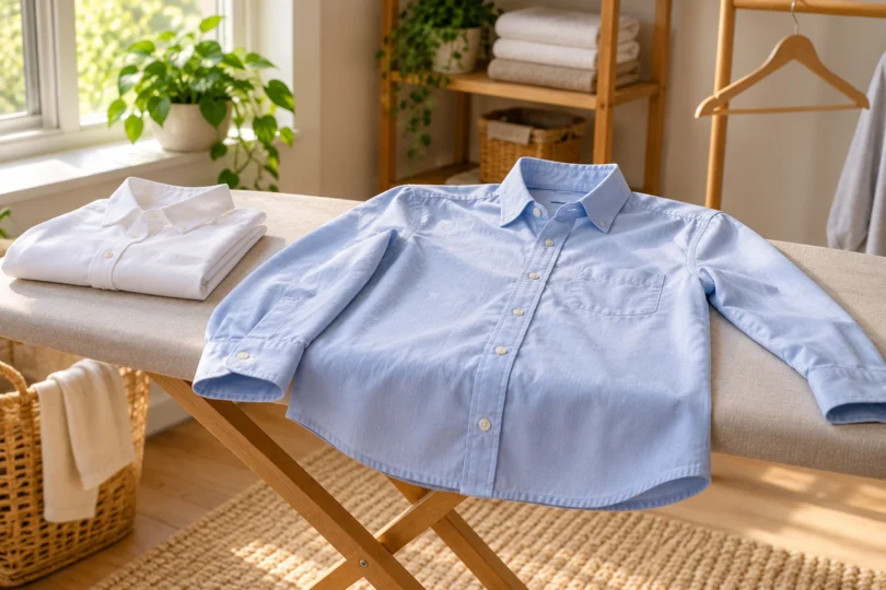 A pale blue button-up shirt spread on a padded ironing board beside a folded white shirt