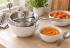 A hand-crank food mill and a bowl of orange vegetable puree on a kitchen counter