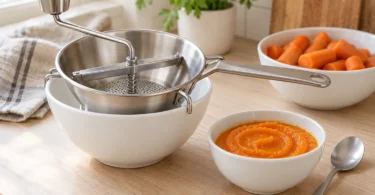 A hand-crank food mill and a bowl of orange vegetable puree on a kitchen counter
