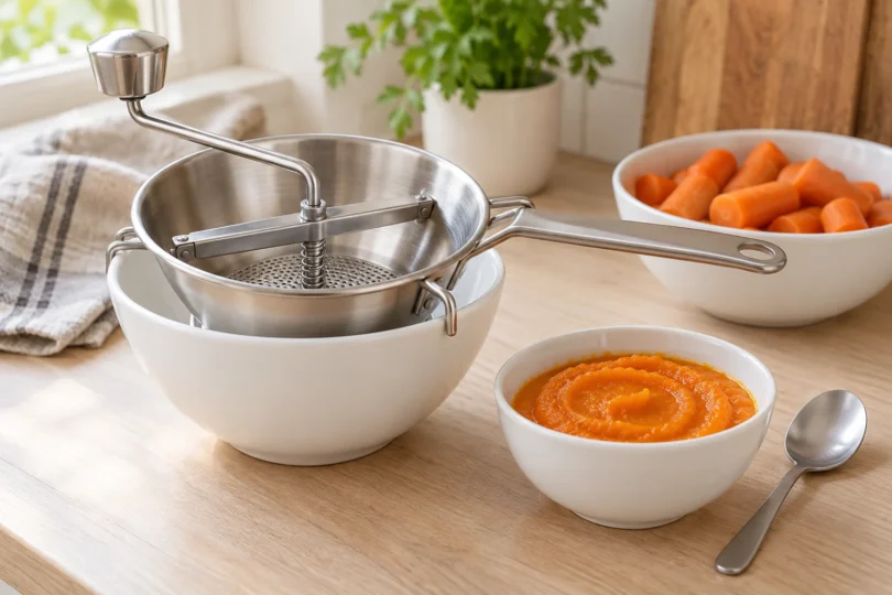 A hand-crank food mill and a bowl of orange vegetable puree on a kitchen counter