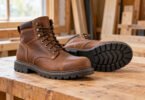 A pair of unbranded brown leather work boots on a wooden bench, with one boot showing its black treaded sole
