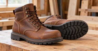 A pair of unbranded brown leather work boots on a wooden bench, with one boot showing its black treaded sole