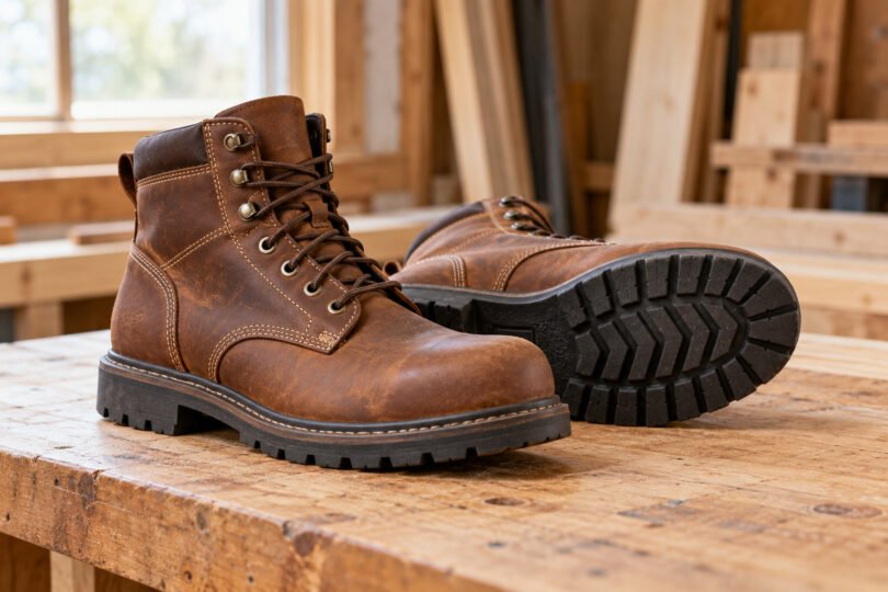 A pair of unbranded brown leather work boots on a wooden bench, with one boot showing its black treaded sole
