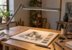 An unbranded gray adjustable task lamp illuminating a sketchbook and color swatches on a wooden art desk