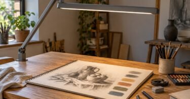 An unbranded gray adjustable task lamp illuminating a sketchbook and color swatches on a wooden art desk