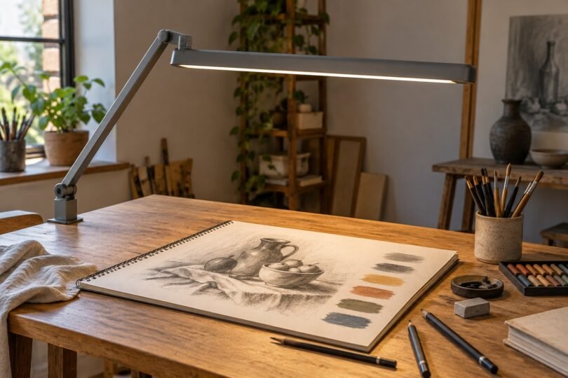 An unbranded gray adjustable task lamp illuminating a sketchbook and color swatches on a wooden art desk