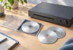 Three blank optical discs and an open jewel case beside an unbranded audio component on a wooden desk