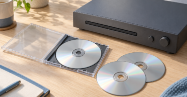 Three blank optical discs and an open jewel case beside an unbranded audio component on a wooden desk