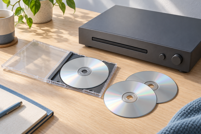 Three blank optical discs and an open jewel case beside an unbranded audio component on a wooden desk