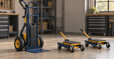 Illustration of an unloaded hand truck and two generic machinery-moving dollies parked on a level workshop floor