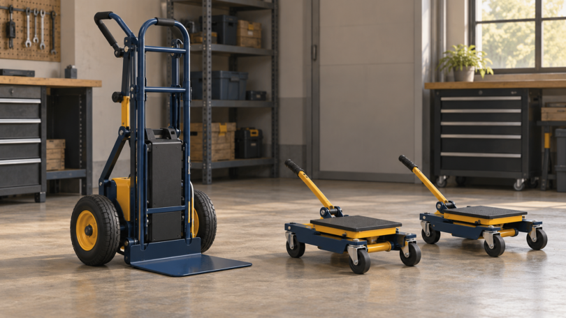 Illustration of an unloaded hand truck and two generic machinery-moving dollies parked on a level workshop floor