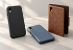 Charcoal and blue phone cases beside a brown folio case on a pale tabletop