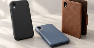 Charcoal and blue phone cases beside a brown folio case on a pale tabletop