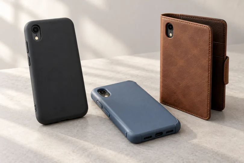 Charcoal and blue phone cases beside a brown folio case on a pale tabletop