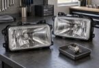 Two generic unpowered rectangular headlamp housings and a bulb on a workshop bench