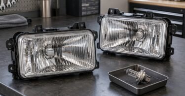 Two generic unpowered rectangular headlamp housings and a bulb on a workshop bench