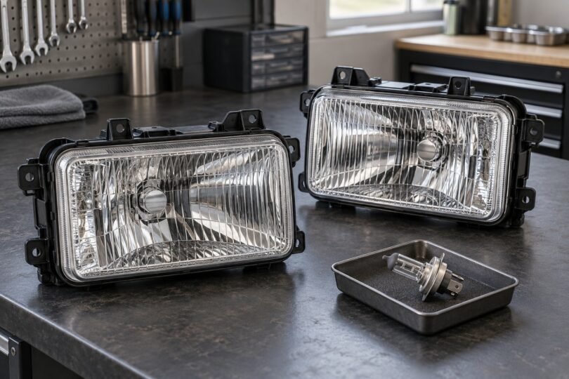 Two generic unpowered rectangular headlamp housings and a bulb on a workshop bench