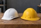 Plain white cap-style hard hat and yellow full-brim hard hat resting on a wooden workbench