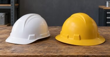 Plain white cap-style hard hat and yellow full-brim hard hat resting on a wooden workbench