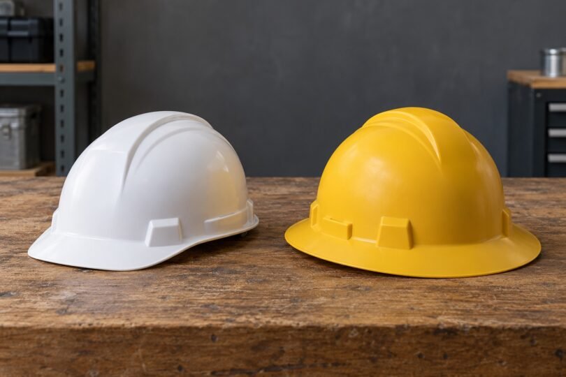 Plain white cap-style hard hat and yellow full-brim hard hat resting on a wooden workbench