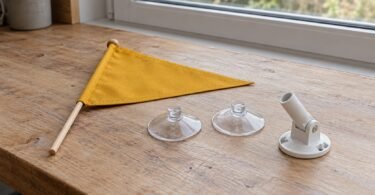 Yellow pennant, clear suction cups and an unbranded flag support on a wooden surface by a window