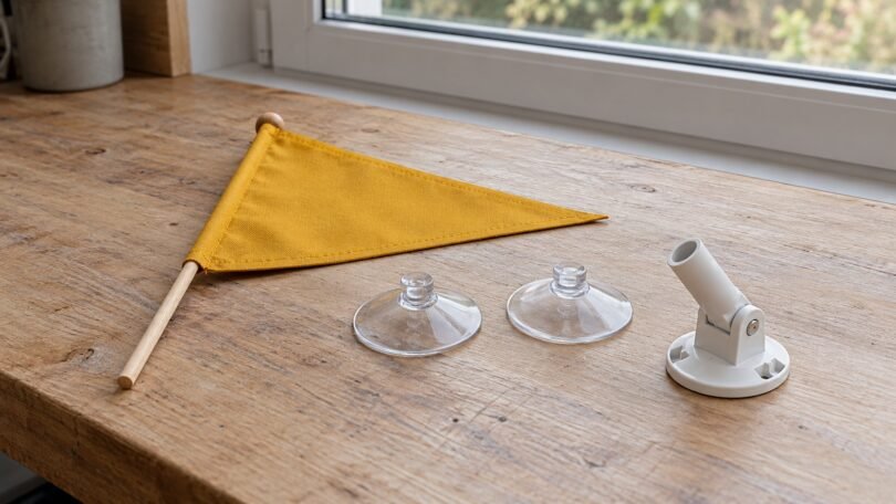Yellow pennant, clear suction cups and an unbranded flag support on a wooden surface by a window