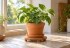 Leafy houseplant in a terracotta pot and saucer on a low wooden trivet beside a window