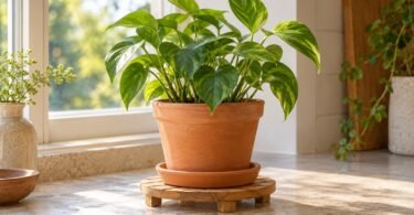 Leafy houseplant in a terracotta pot and saucer on a low wooden trivet beside a window