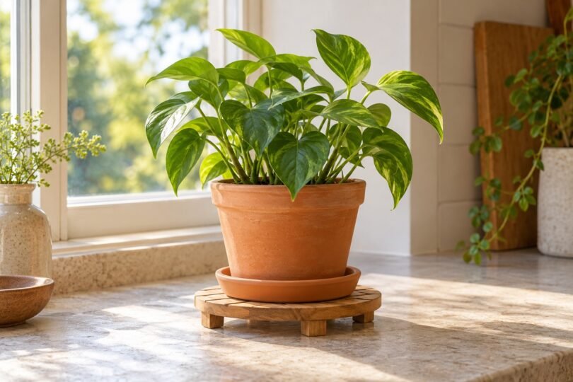 Leafy houseplant in a terracotta pot and saucer on a low wooden trivet beside a window