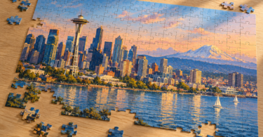 Partly assembled jigsaw with an illustrated Seattle skyline and loose pieces on a wooden table